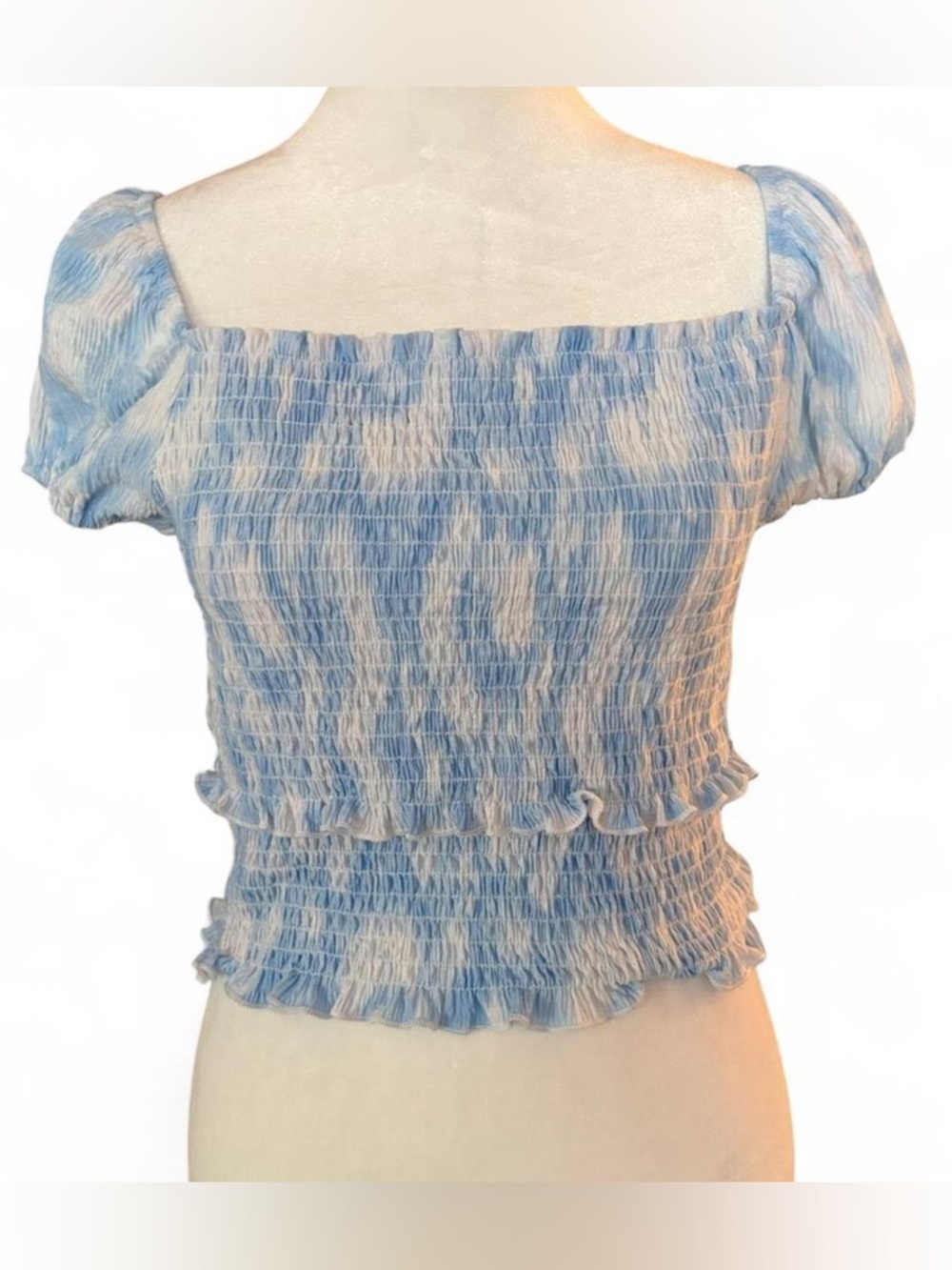 Smocked Square Neck Puff Sleeve Top - Light Blue Tie-Dye